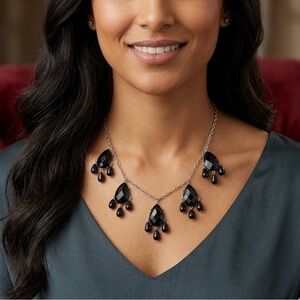Silver Black Teardrop Cluster Necklace Women's Statement Jewelry